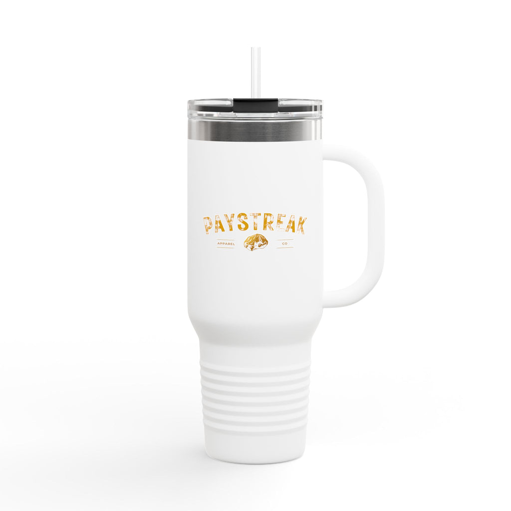 40oz Insulated Travel Mug — 'Paystreak' Gold Accent Stainless Tumbler with Straw & Handle