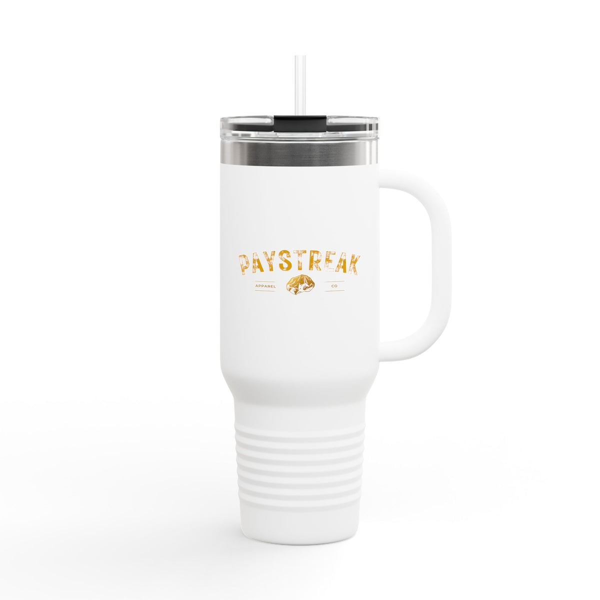 40oz Insulated Travel Mug — 'Paystreak' Gold Accent Stainless Tumbler with Straw & Handle