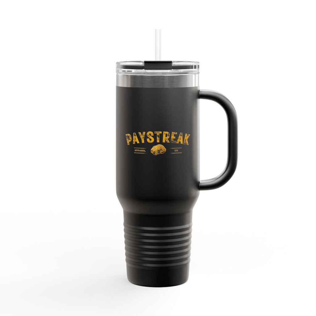 40oz Insulated Travel Mug — 'Paystreak' Gold Accent Stainless Tumbler with Straw & Handle