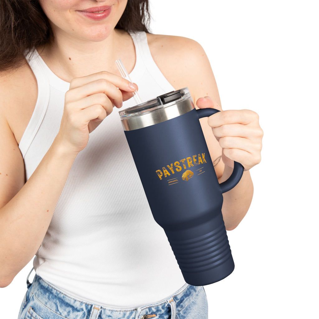 40oz Insulated Travel Mug — 'Paystreak' Gold Accent Stainless Tumbler with Straw & Handle
