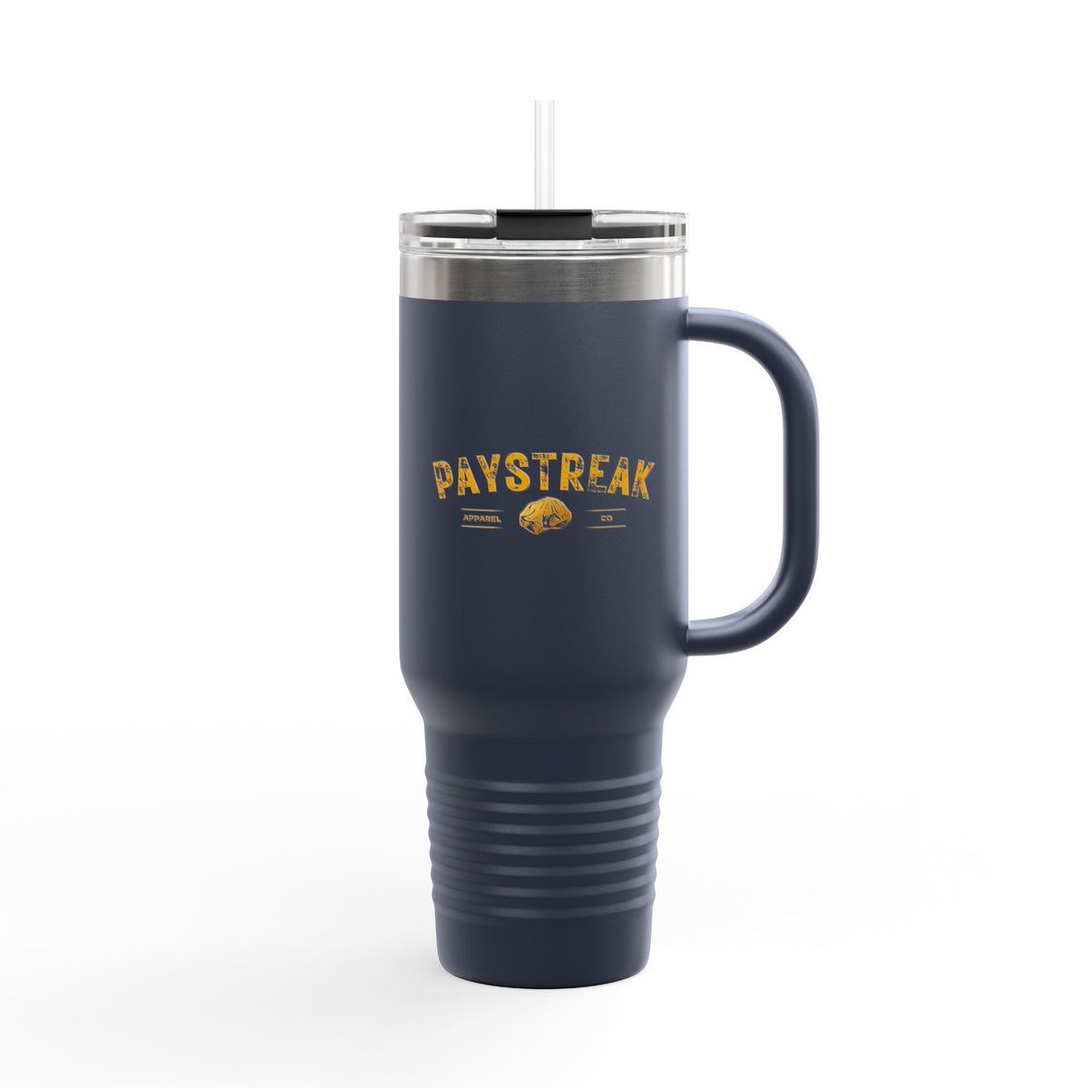 40oz Insulated Travel Mug — 'Paystreak' Gold Accent Stainless Tumbler with Straw & Handle