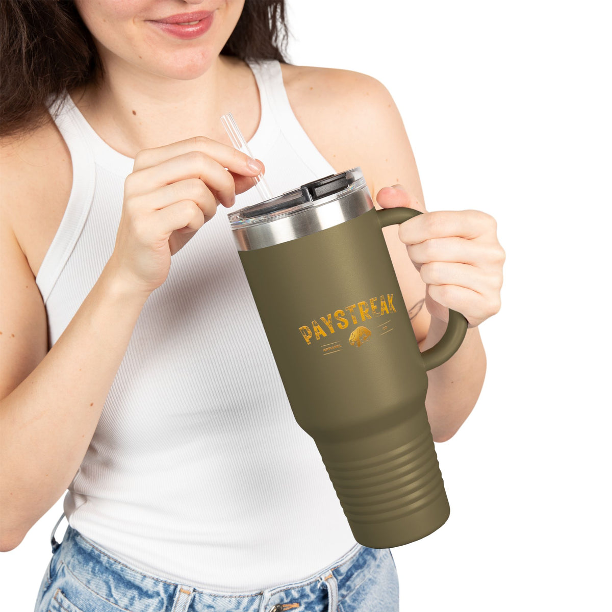 40oz Insulated Travel Mug — 'Paystreak' Gold Accent Stainless Tumbler with Straw & Handle