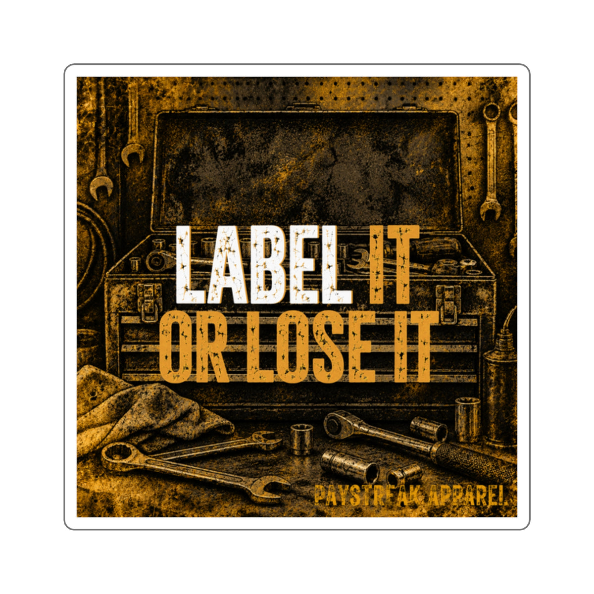 Label It or Lose It Square Sticker — Industrial Toolbox Decal