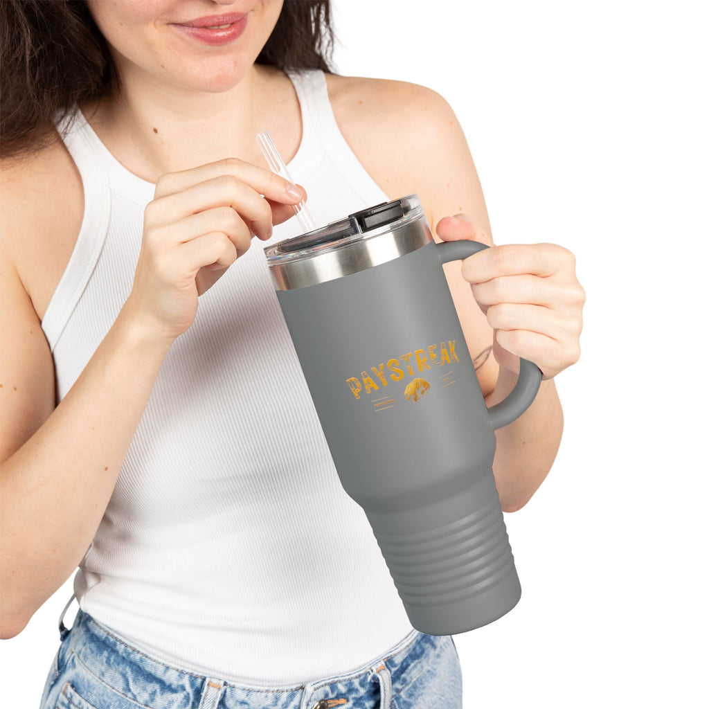 40oz Insulated Travel Mug — 'Paystreak' Gold Accent Stainless Tumbler with Straw & Handle