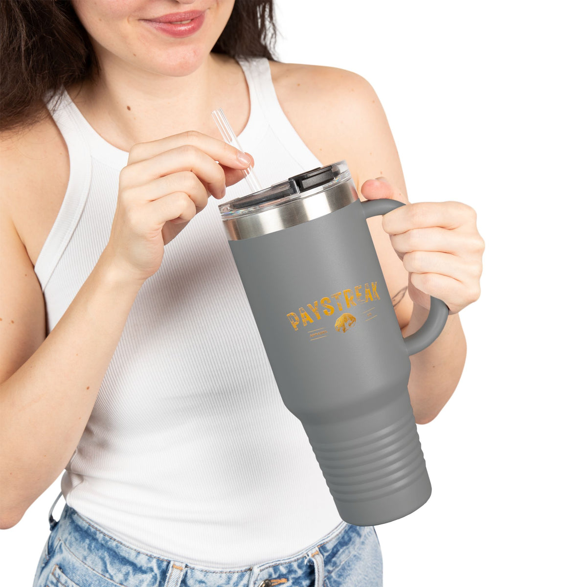 40oz Insulated Travel Mug — 'Paystreak' Gold Accent Stainless Tumbler with Straw & Handle