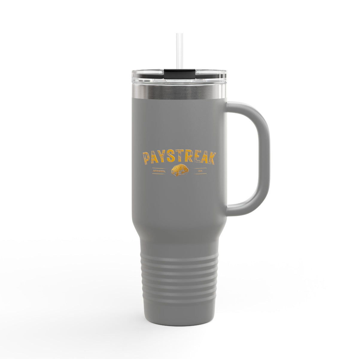 40oz Insulated Travel Mug — 'Paystreak' Gold Accent Stainless Tumbler with Straw & Handle
