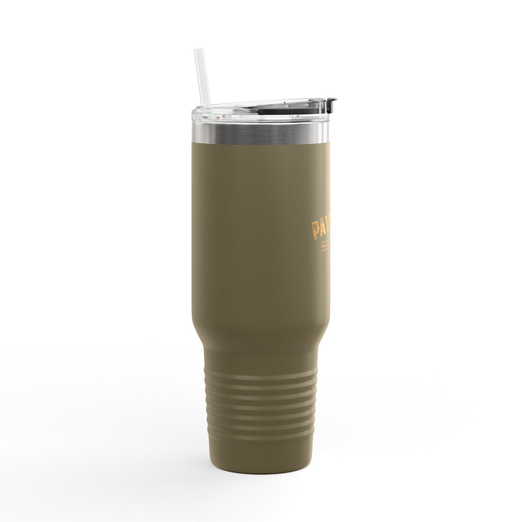 40oz Insulated Travel Mug — 'Paystreak' Gold Accent Stainless Tumbler with Straw & Handle